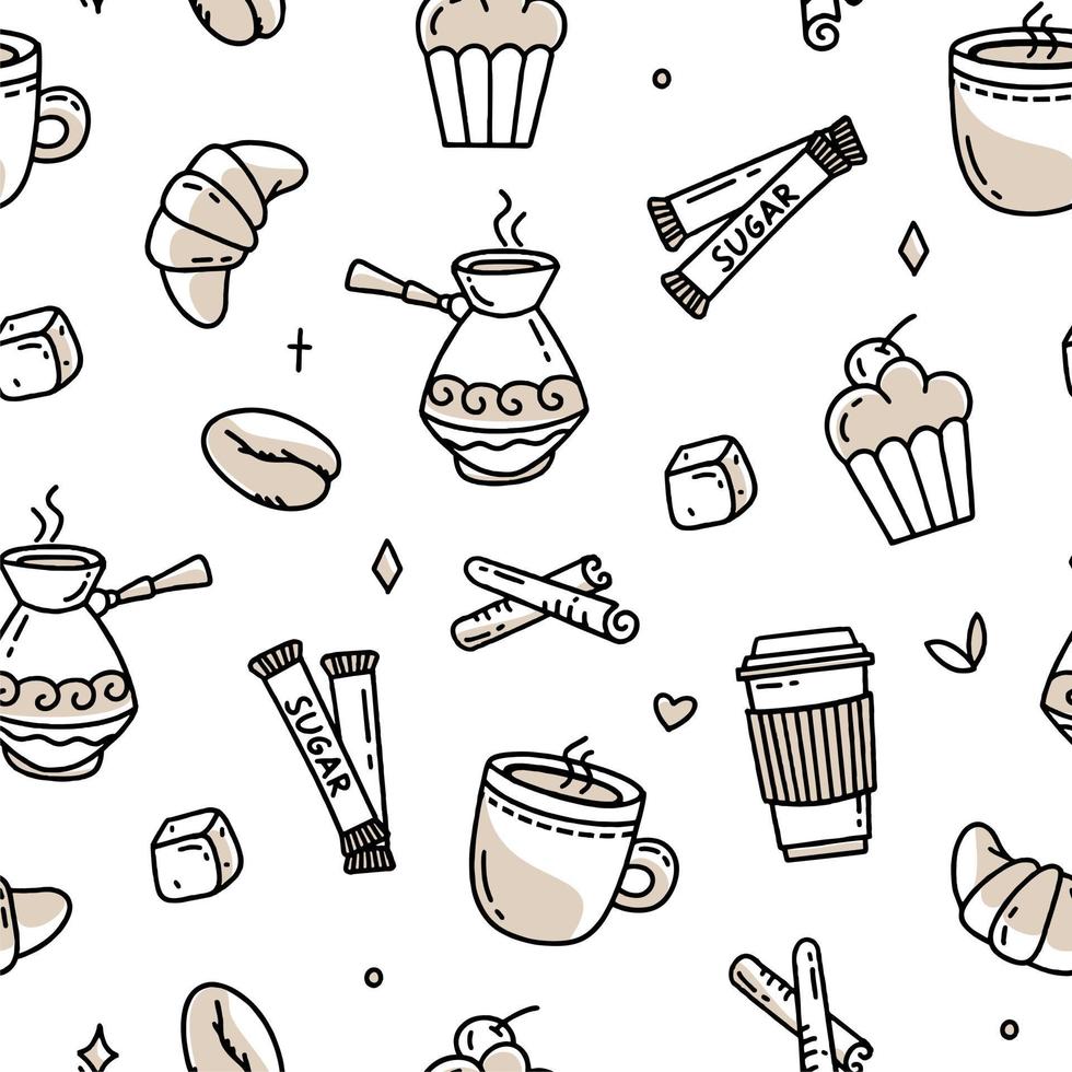 koffie patroon met Turkse bonen en croissants op een witte achtergrond. vectorillustratie in doodle-stijl vector