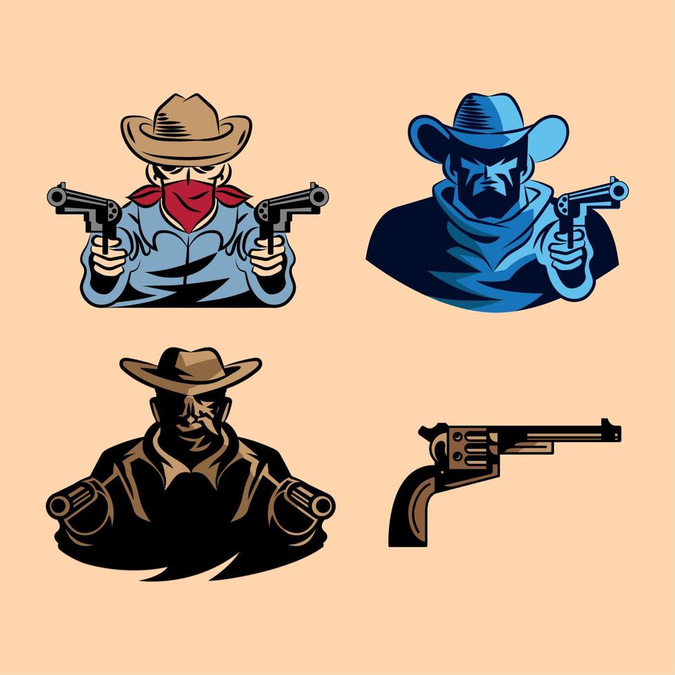 vier revolverheld wild west pictogrammen vector