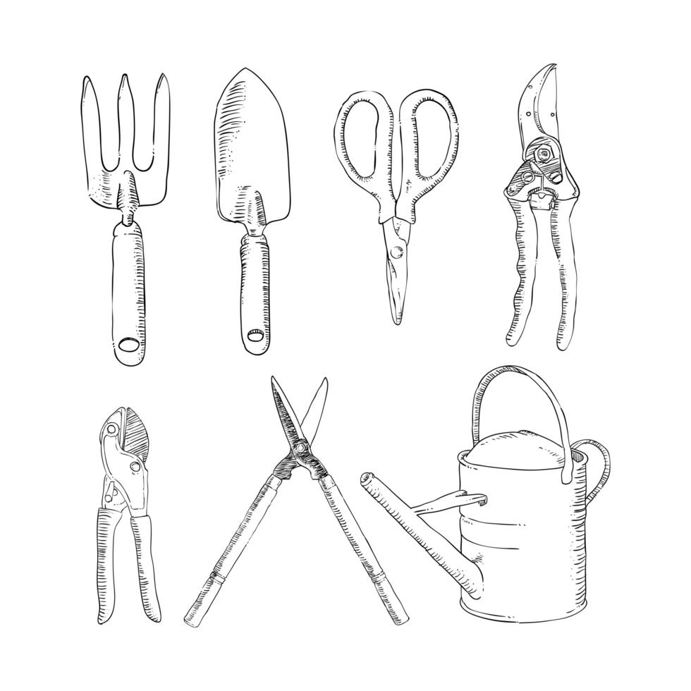 verzameling van tuinplantgereedschap schetsen vector