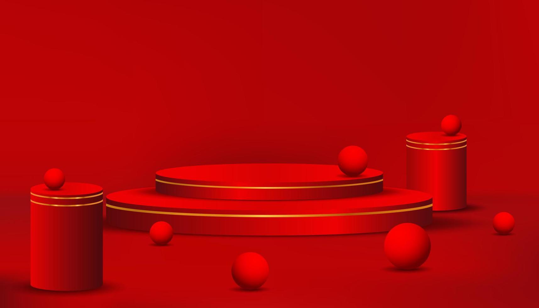 realistisch 3d rood cilinder stadium met gouden lijn achtergrond vector