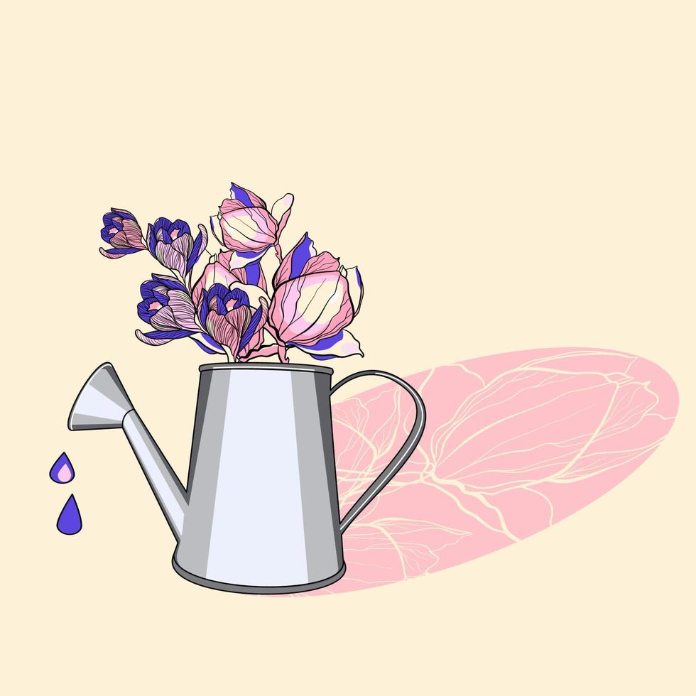 metaal gieter kan met bloemen van magnolia en krokussen met roze schaduw vector