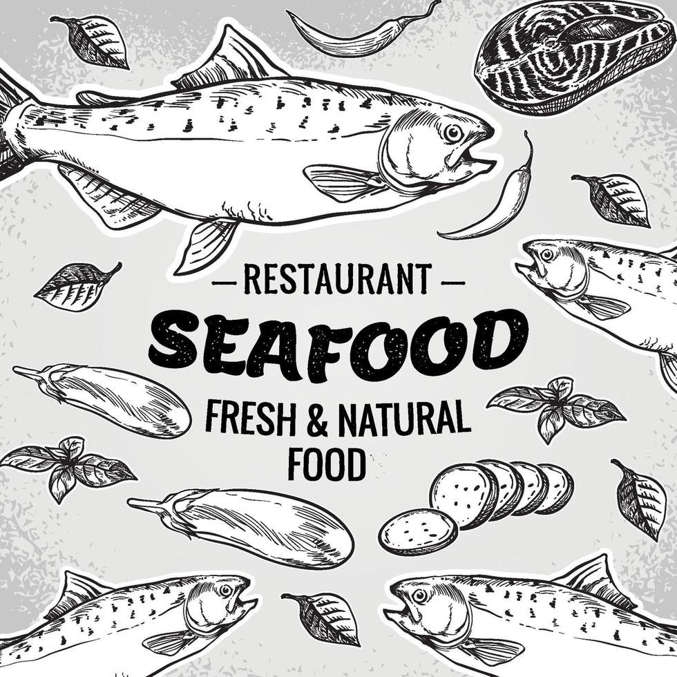 vector hand- getrokken zeevruchten restaurant illustratie. wijnoogst stijl. retro schetsen achtergrond. sjabloon