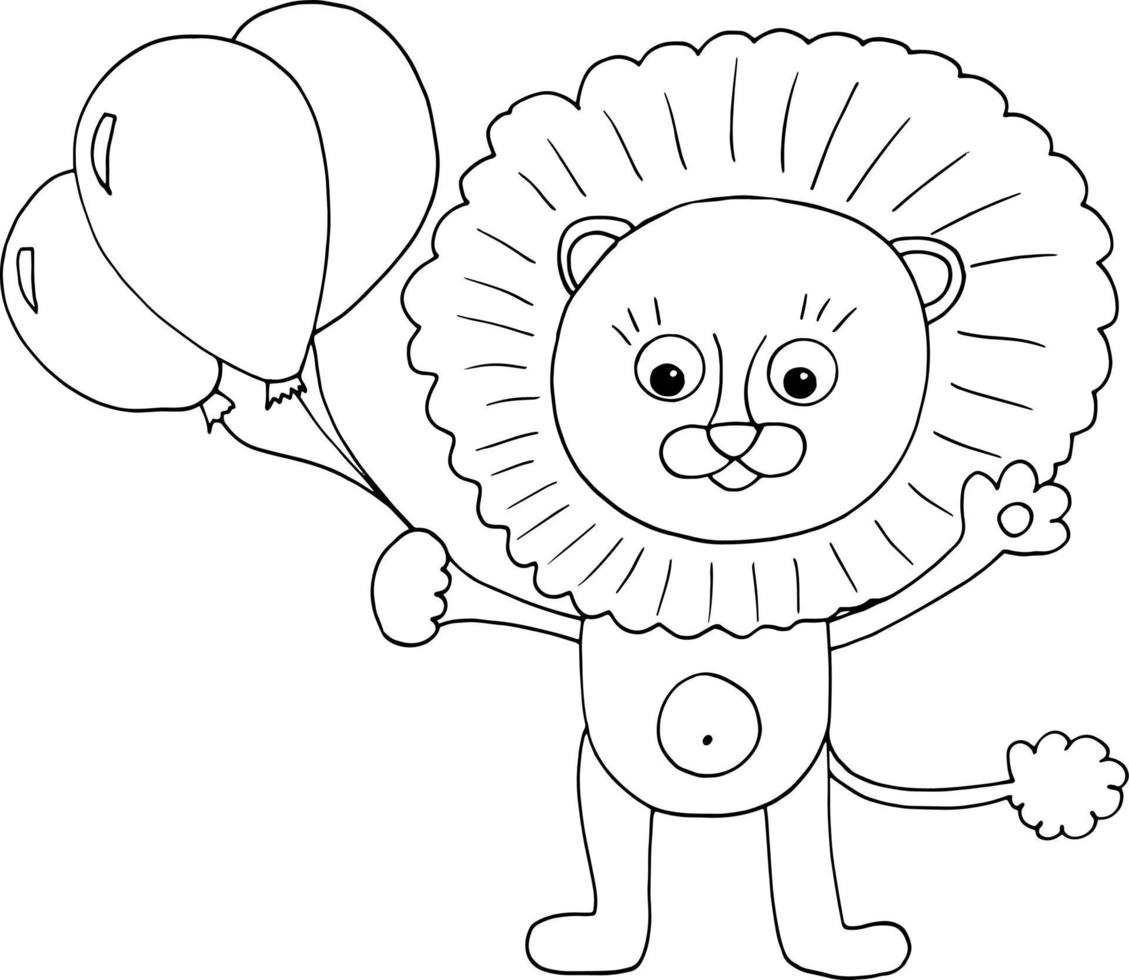 leeuw met ballonnen icoon. hand- getrokken tekening stijl. vector, scandinavisch, noords, minimalisme, monochroom. kinderkamer kamer decor, kinderen afdrukken. schattig dier. pasgeboren sticker poster kaart vector