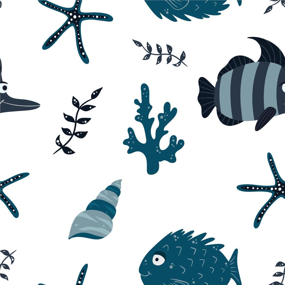 naadloos kinderpatroon met grappige vissen en zeedieren. kindertextuur voor stof, verpakking, textiel, behang, kleding. vectorachtergrond. vector