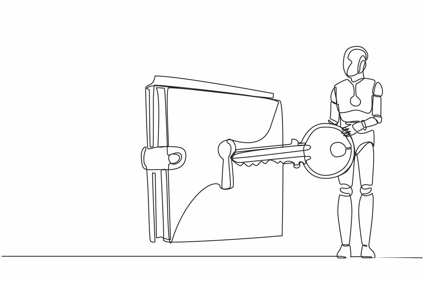 single doorlopend lijn tekening robot zetten groot sleutel in portemonnee. geld bescherming financieel veiligheid. digitaal handtas voor winkelen. robot kunstmatig intelligentie. een lijn trek ontwerp vector illustratie