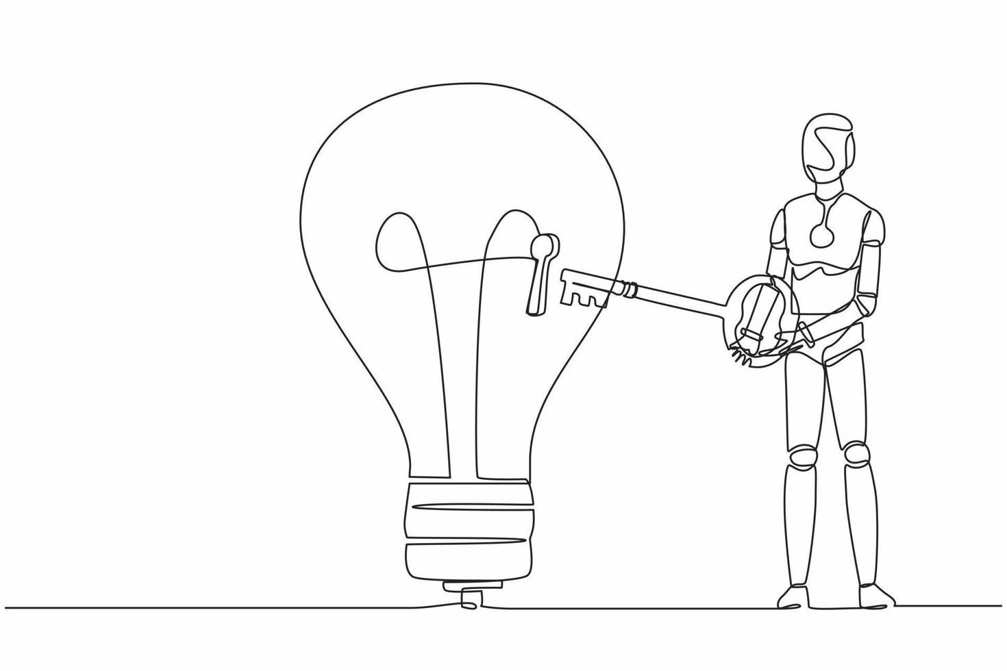 single een lijn tekening robot zetten groot sleutel in licht lamp. ontgrendelen innovatie Aan bedrijf idee. toekomst technologie ontwikkeling. kunstmatig intelligentie. doorlopend lijn trek ontwerp vector illustratie