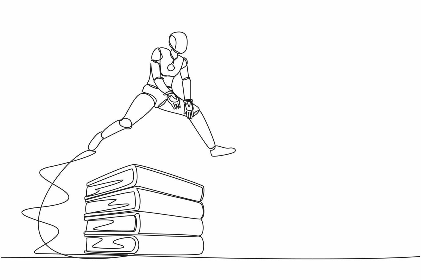 single een lijn tekening robot jumping over- stapel van groot bindmiddelen. stack van papier werk document. informatie classificatie. toekomst technologie ontwikkeling. doorlopend lijn trek ontwerp vector illustratie