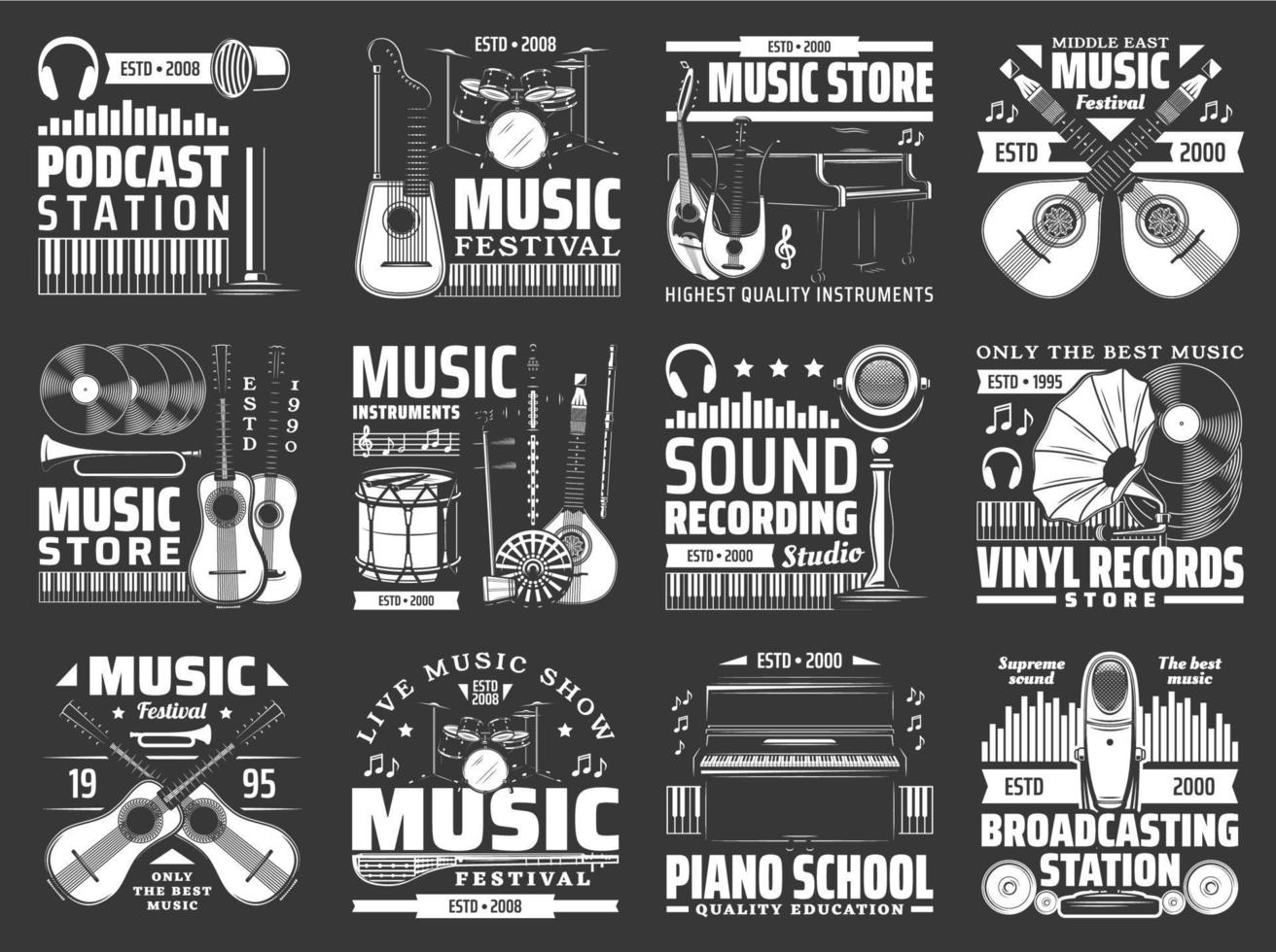 muziek- instrument, vinyl dossier, microfoon pictogrammen vector