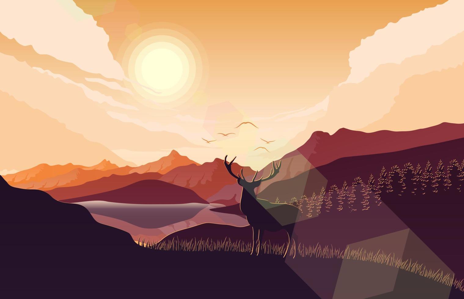 berg landschap met hert en Woud Bij zonsondergang vector