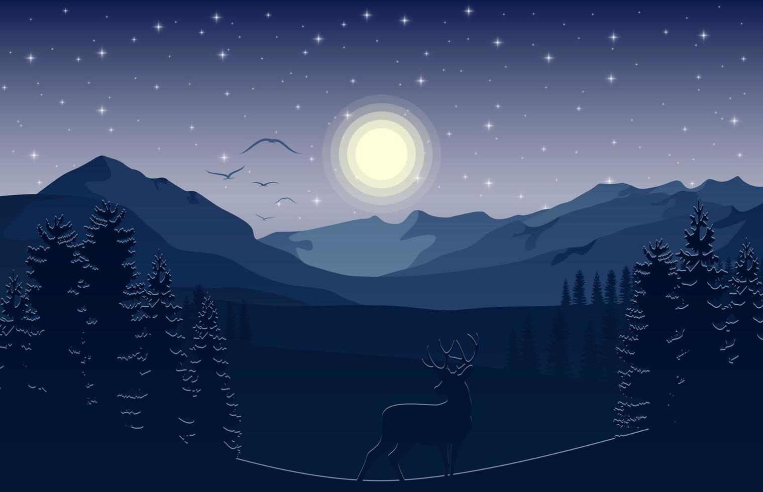berg landschap met hert en Woud Bij nacht vector