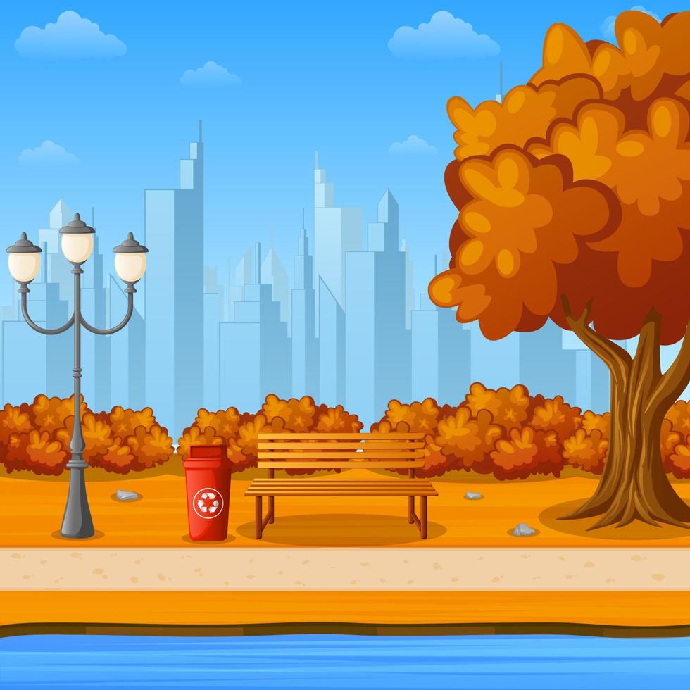 herfst stad park met bank en straatlantaarn Aan buitenwijk vector