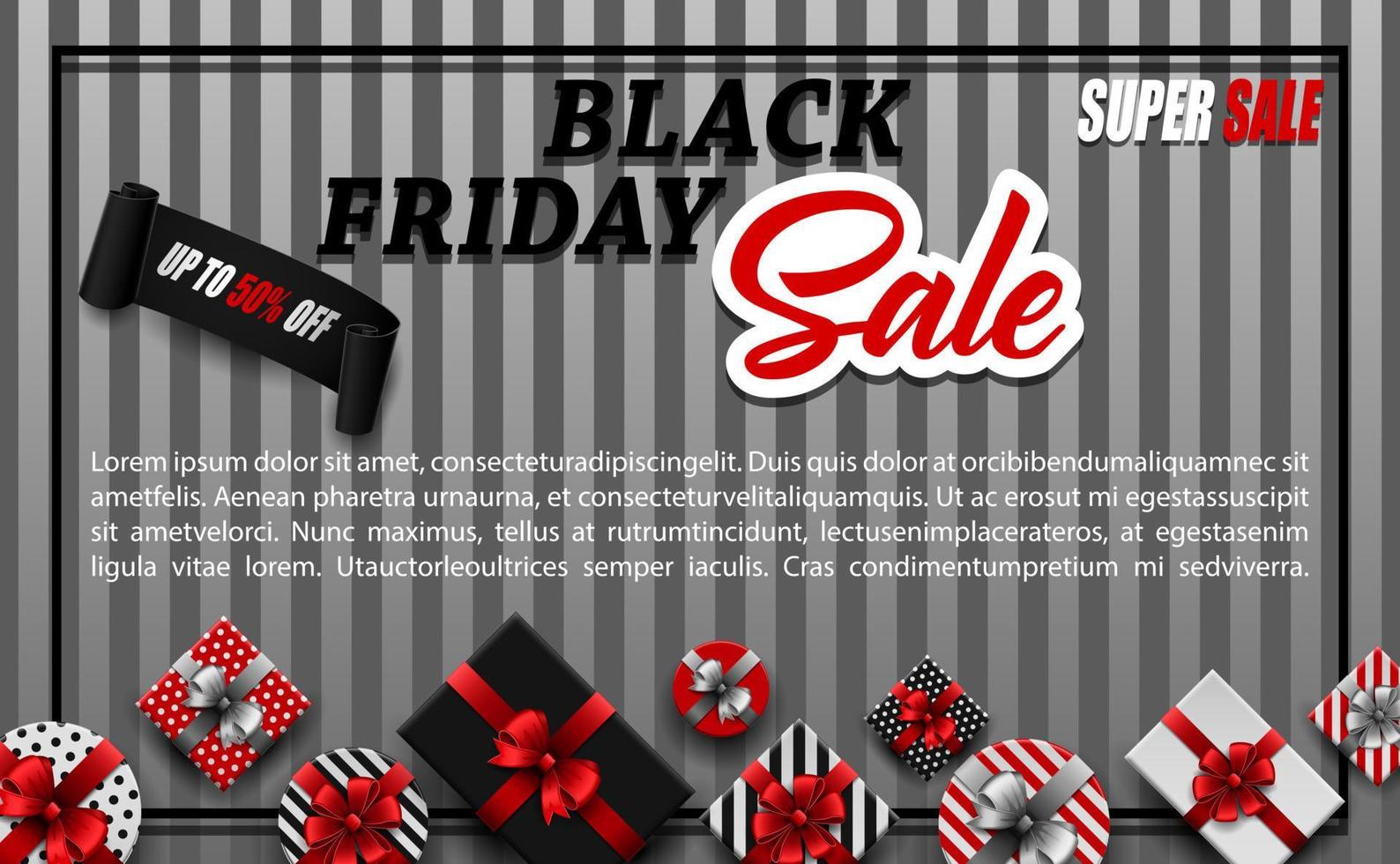 vector illustratie van zwart vrijdag uitverkoop banier met verschillend geschenk dozen en zwart lint