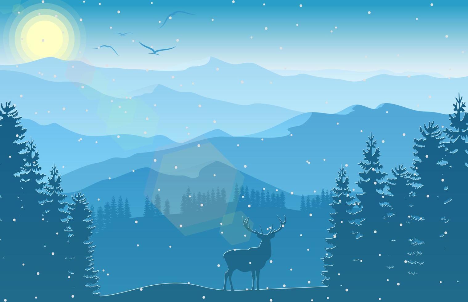 winter berg landschap met hert en Woud Bij vallend sneeuw vector