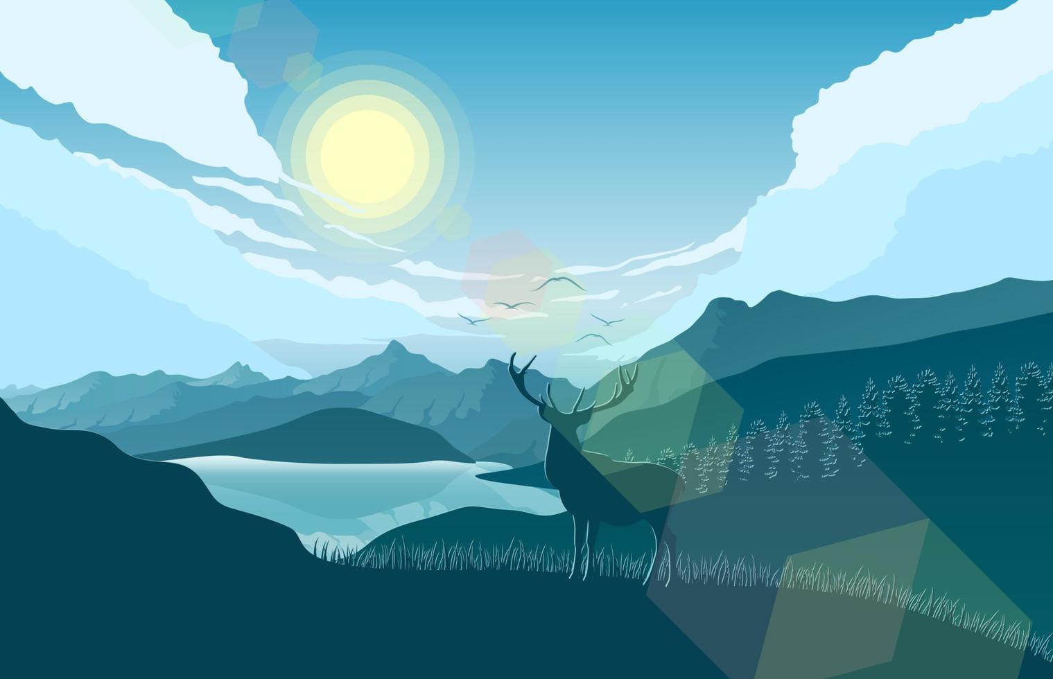 vector illustratie van berg landschap met hert en Woud Bij ochtend-