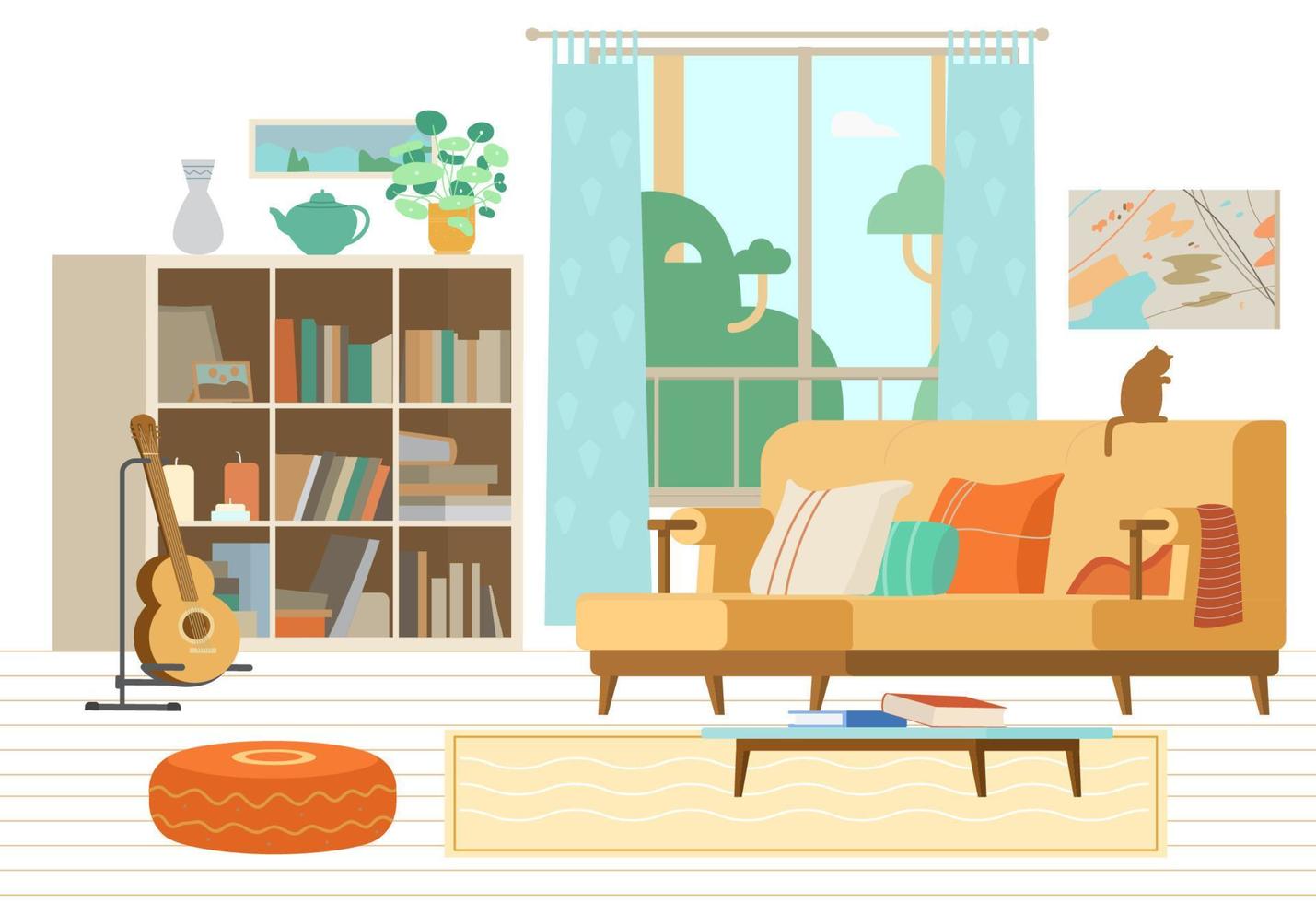 knus leven kamer interieur vlak vector illustratie. bank, boekenkast, gitaar Aan een stellage, koffie tafel met boeken, gewatteerd stoel, abstract schilderijen, decoratie elementen.