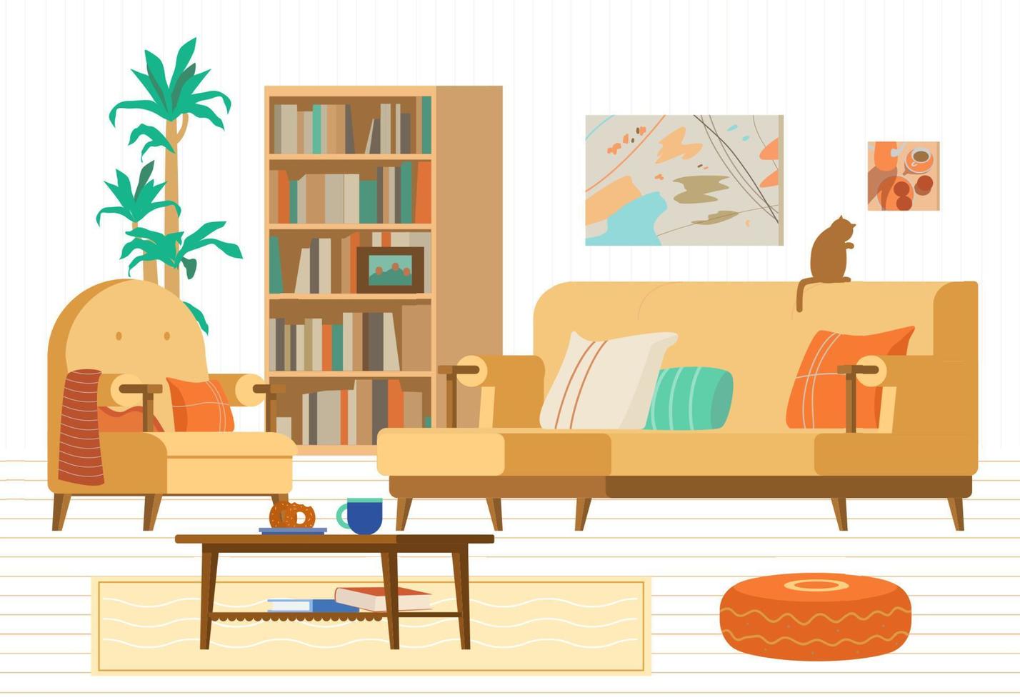 knus leven kamer interieur vlak vector illustratie. bank, boekenkast, fauteuil, koffie tafel, abstract schilderijen, decoratie elementen.