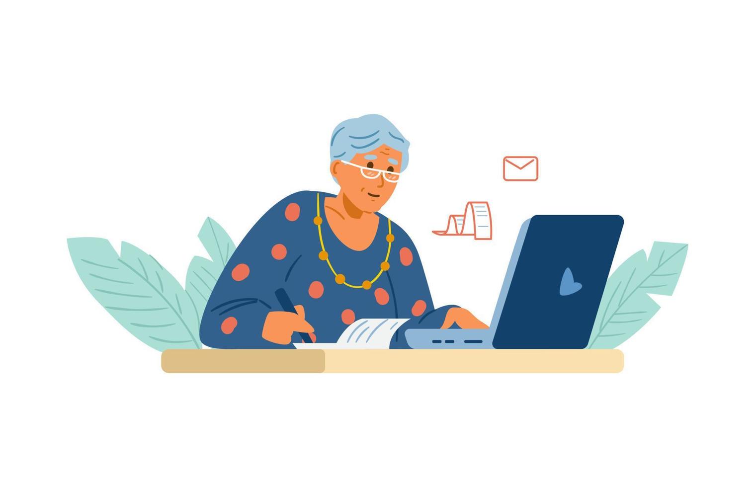 senior vrouw werken Aan laptop betalen rekeningen online, beheren bedrijf van een afstand. vlak vector illustratie. geïsoleerd Aan wit.