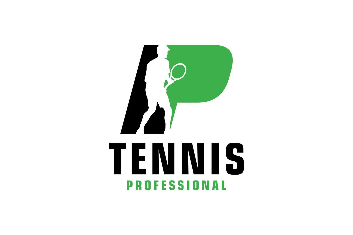 brief p met tennis speler silhouet logo ontwerp. vector ontwerp sjabloon elementen voor sport team of zakelijke identiteit.