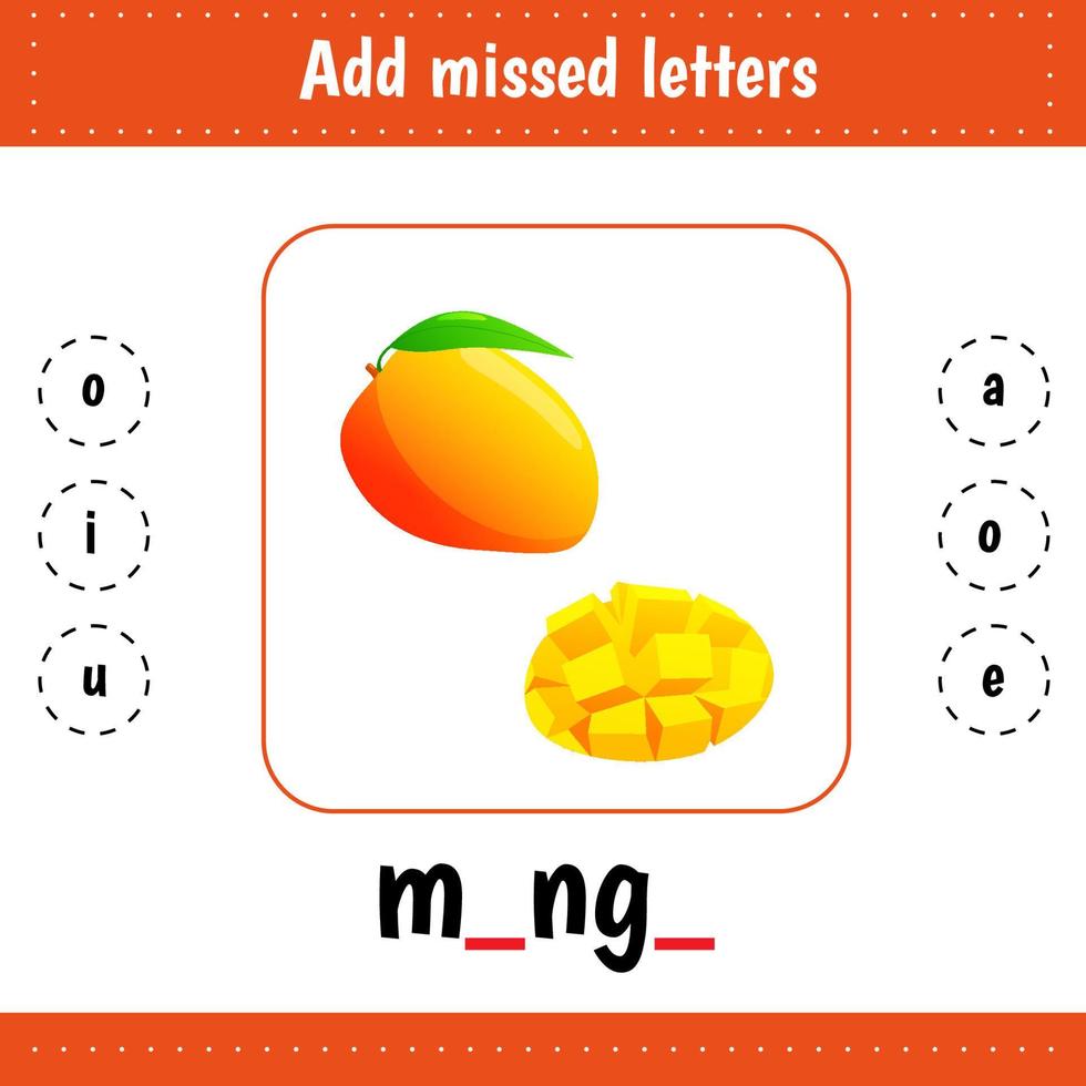 dd gemist brieven. leerzaam werkblad. aan het leren Engels woorden. fruit. mango vector