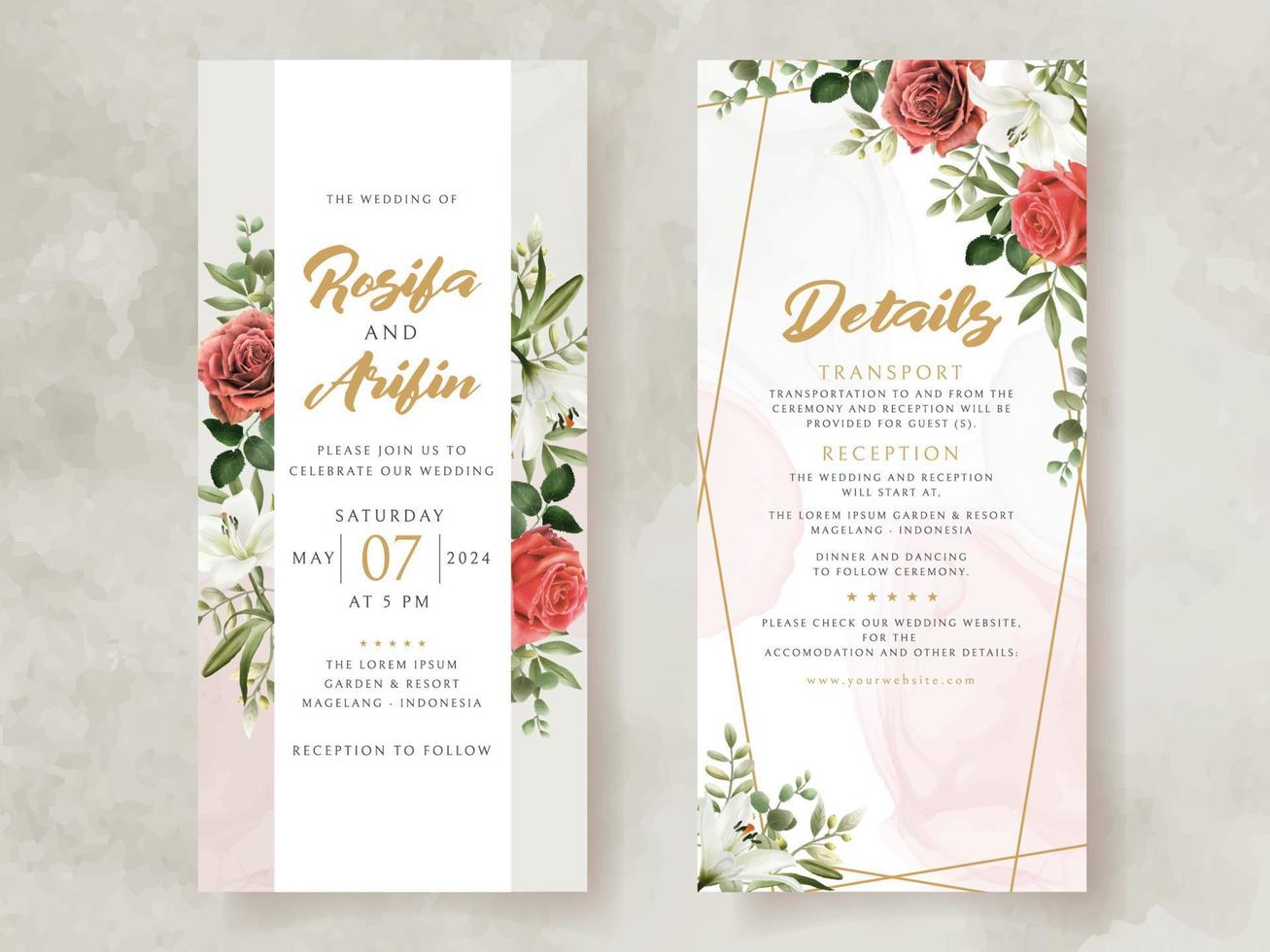 bruiloft uitnodiging kaart met illustratie van lelie en rozen waterverf vector