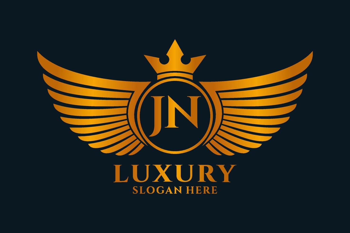 luxe Koninklijk vleugel brief jn kam goud kleur logo vector, zege logo, kam logo, vleugel logo, vector logo sjabloon.