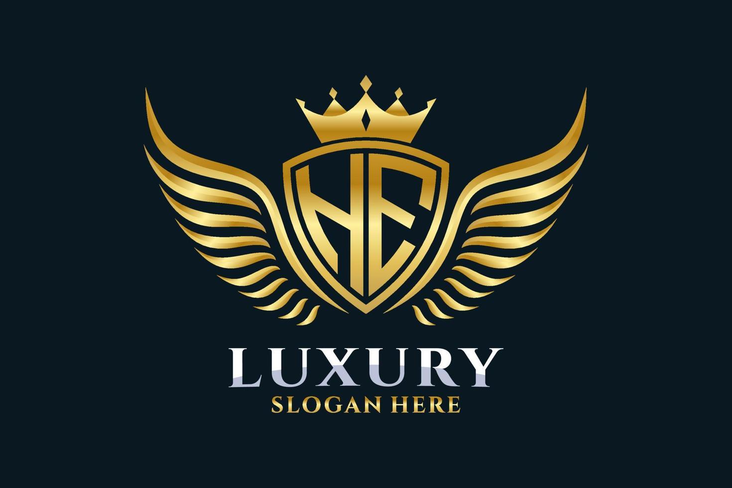 luxe Koninklijk vleugel brief hij kam goud kleur logo vector, zege logo, kam logo, vleugel logo, vector logo sjabloon.
