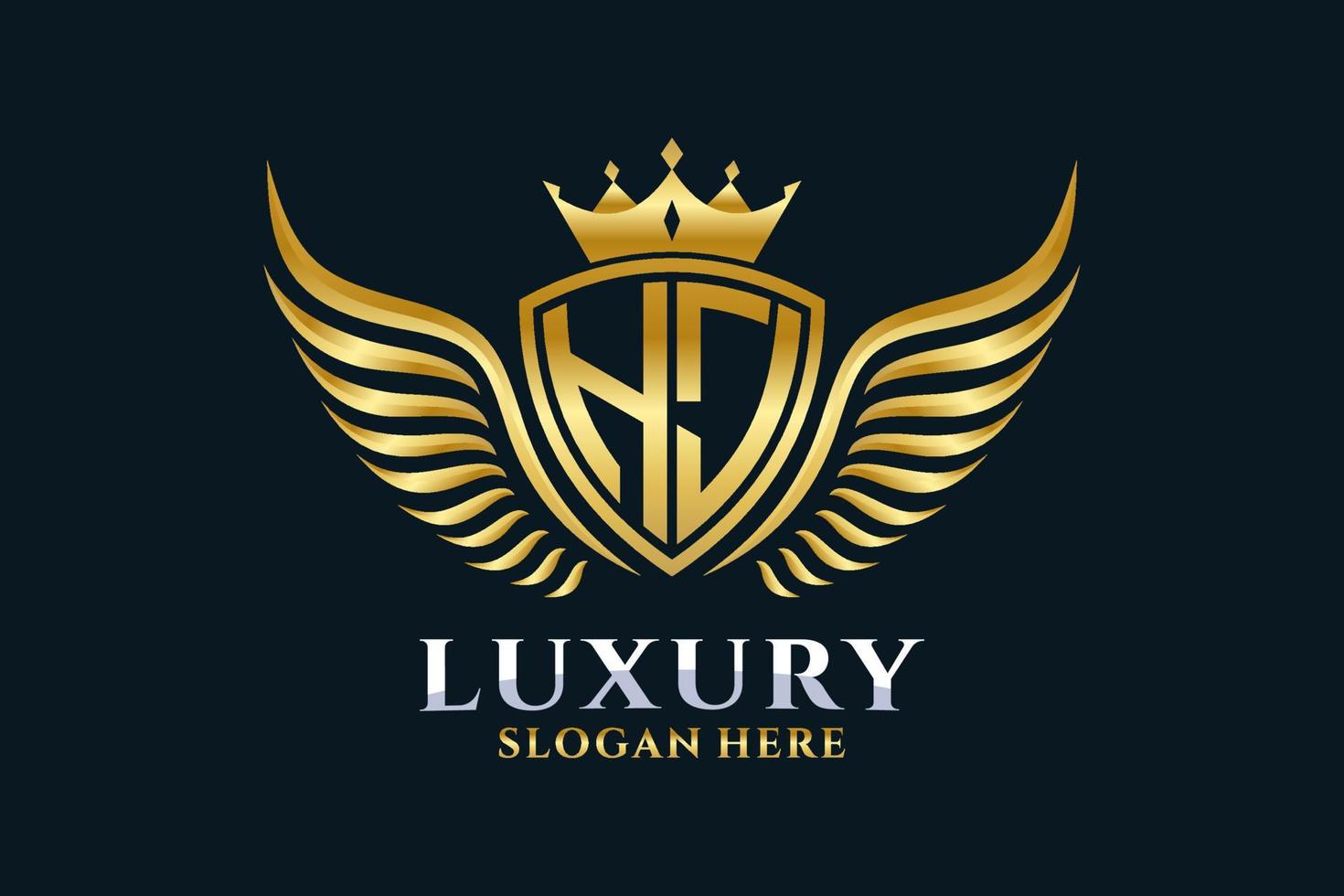 luxe Koninklijk vleugel brief hj kam goud kleur logo vector, zege logo, kam logo, vleugel logo, vector logo sjabloon.