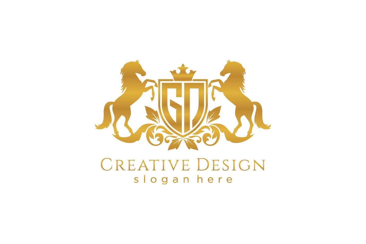 eerste gn retro gouden kam met schild en twee paarden, insigne sjabloon met scrollt en Koninklijk kroon - perfect voor luxueus branding projecten vector