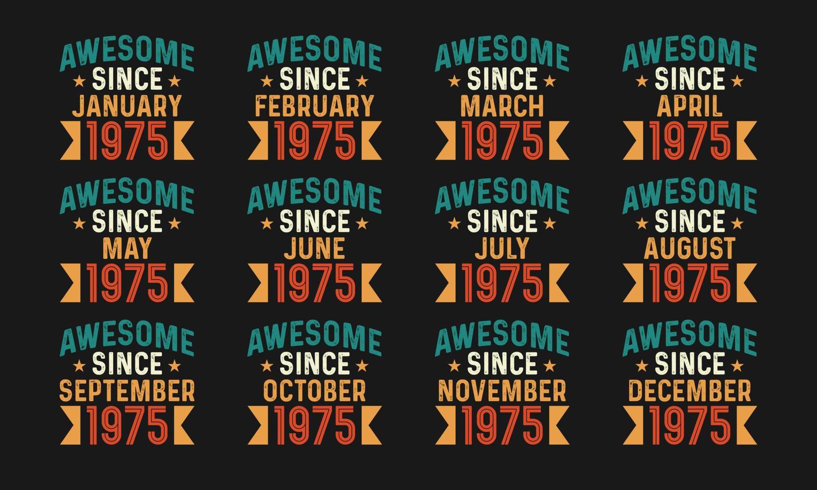 geweldig sinds januari, februari, maart, april, kunnen, juni, juli, augustus, september, oktober, november, en december 1975. retro wijnoogst allemaal maand in 1975 verjaardag viering ontwerp vrij downloaden vector