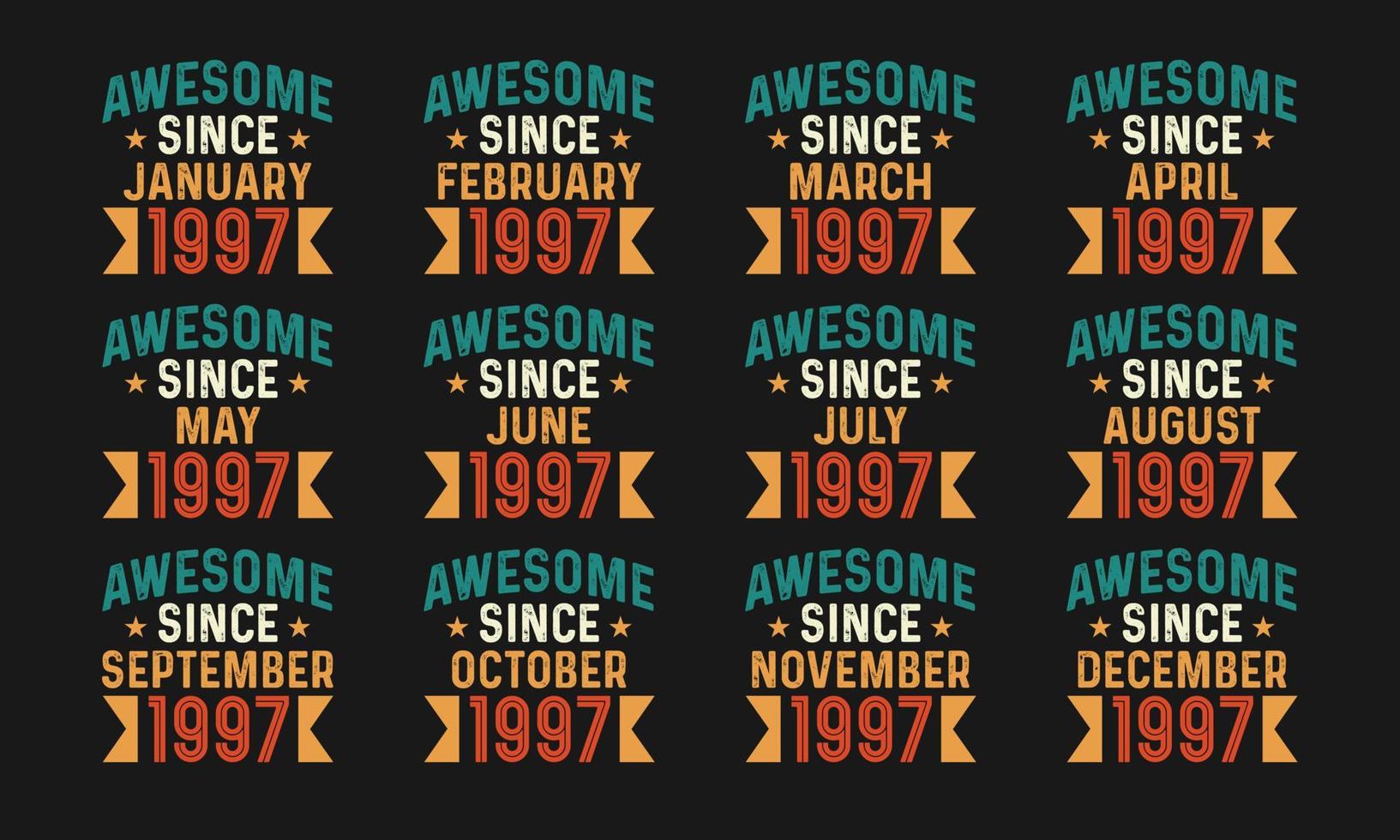 geweldig sinds januari, februari, maart, april, kunnen, juni, juli, augustus, september, oktober, november, en december 1997. retro wijnoogst allemaal maand in 1997 verjaardag viering ontwerp pro downloaden vector