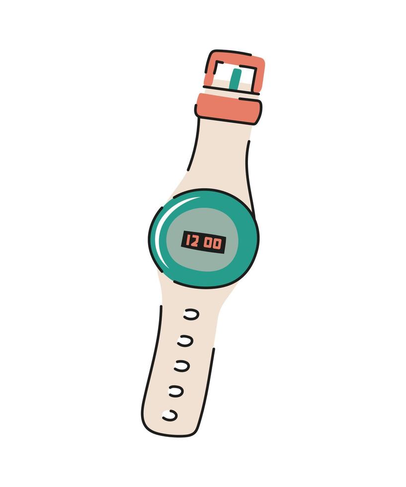 tekenfilm hand- getrokken digitaal horloge. elektronisch apparaat voor rennen, fitnes opleiding, hiking. toerist apparaatje. vlak vector illustratie.