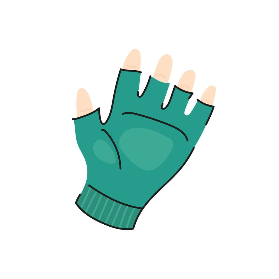 tekenfilm hand- getrokken gehandschoende hand. toerist, sport- vingerloos handschoen. uitrusting voor hiking, trekking. vlak vector illustratie.