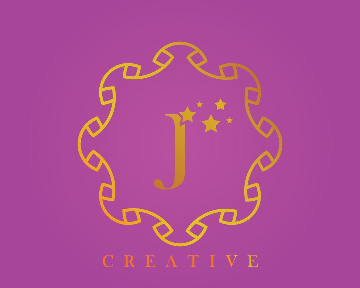 creatief ontwerp logo, alfabet j, 5 ster brief, label, icoon, voor verpakking, luxe Product ontwerp. gemaakt met goud Aan een licht Purper getextureerde achtergrond. vector