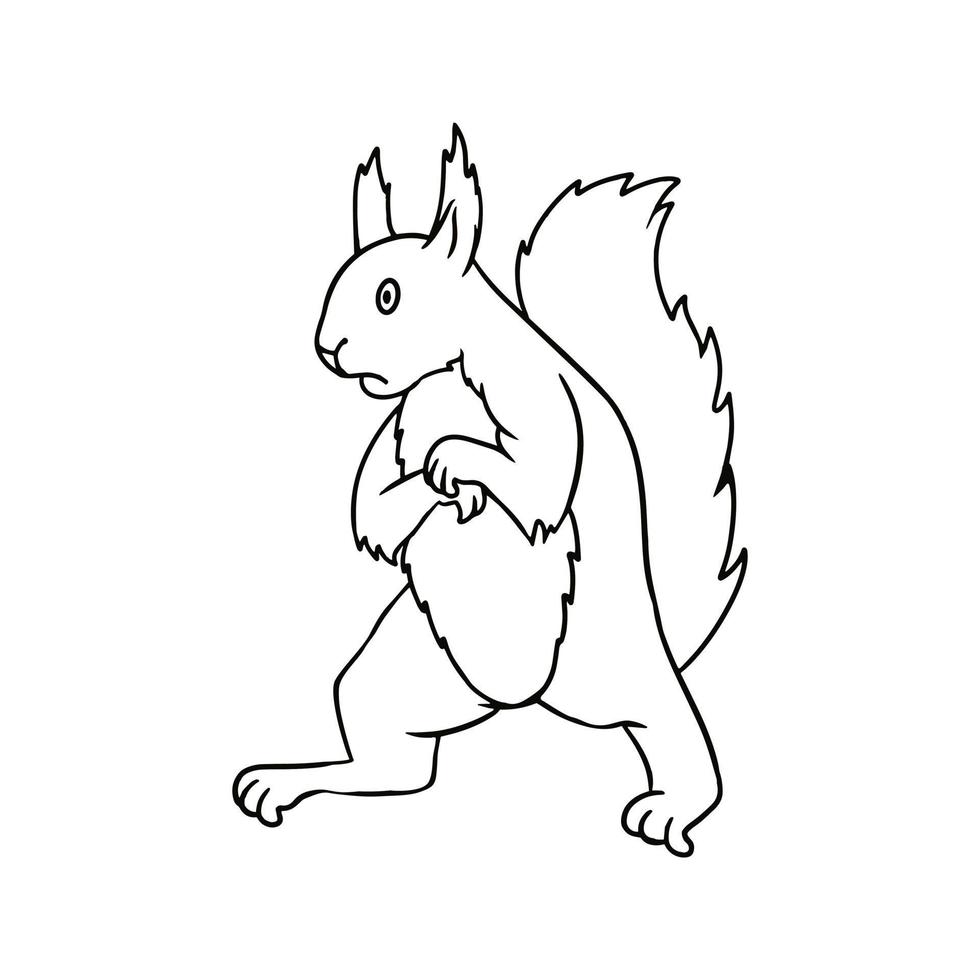 monochroom afbeelding, pluizig bang eekhoorn staand Aan haar achter poten, vector illustratie in tekenfilm stijl Aan een wit achtergrond