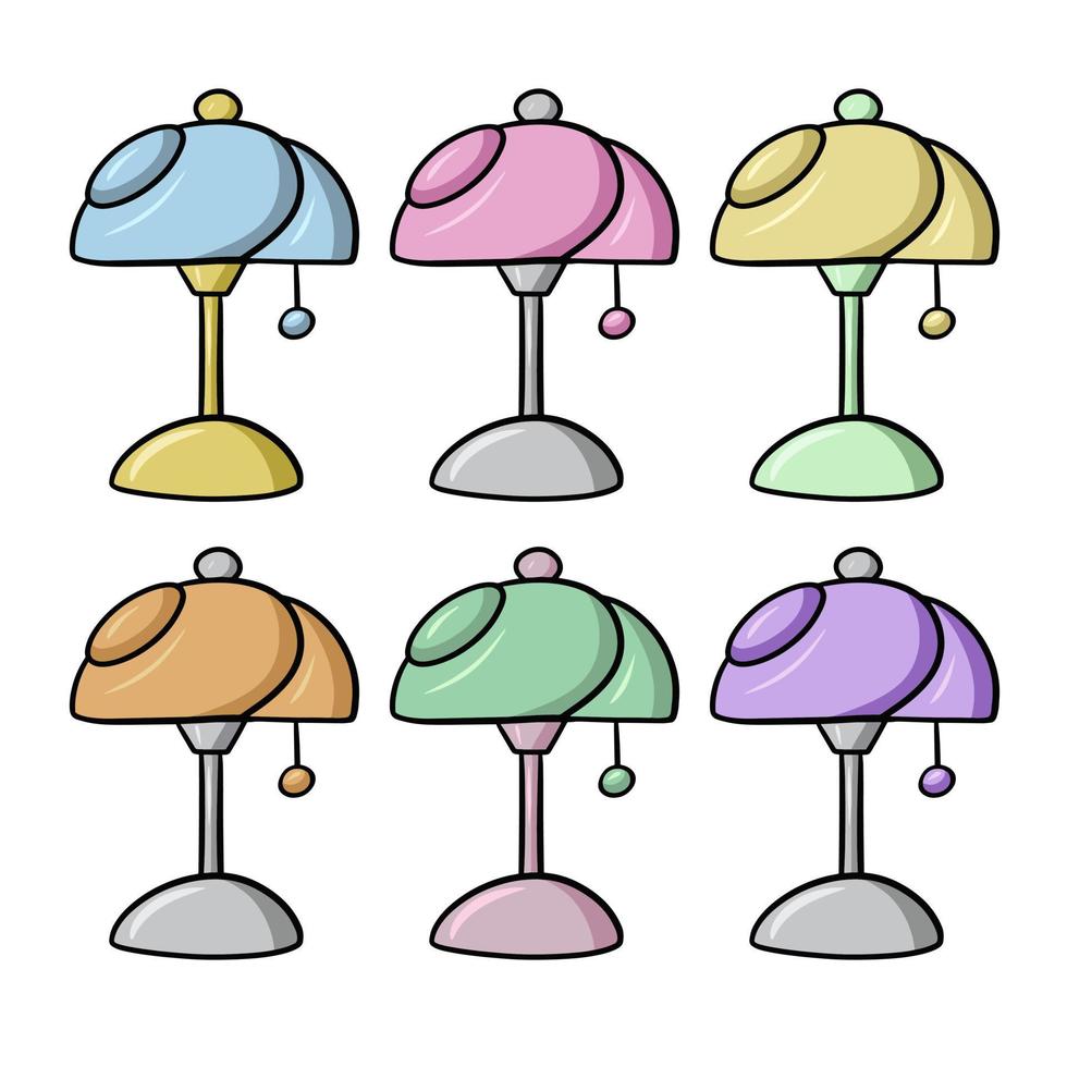 een reeks van verschillend gekleurde elegant tafel lamp met een licht schaduw, vector illustratie in tekenfilm stijl Aan een wit achtergrond