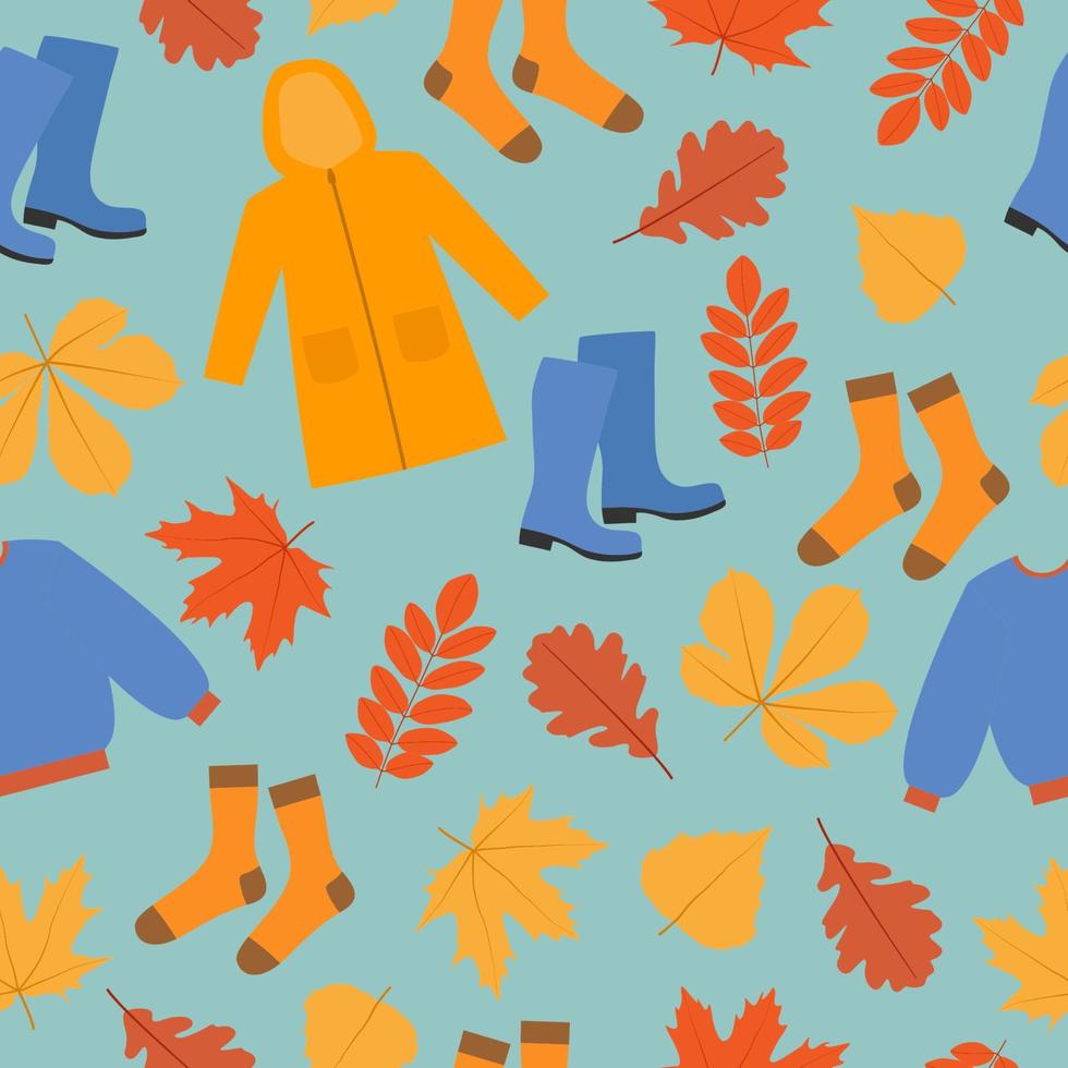 herfst naadloos patroon. regenjas, trui, rubber laarzen, sokken en vallend bladeren Aan blauw achtergrond. vallen seizoen achtergrond. vector illustratie