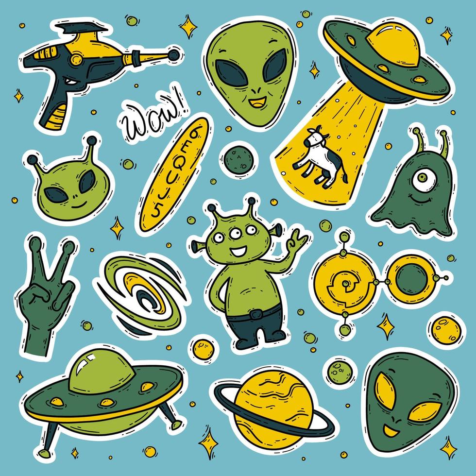 buitenaardse wezens, niet geïdentificeerd vliegend voorwerp ufo vector tekening stickers reeks