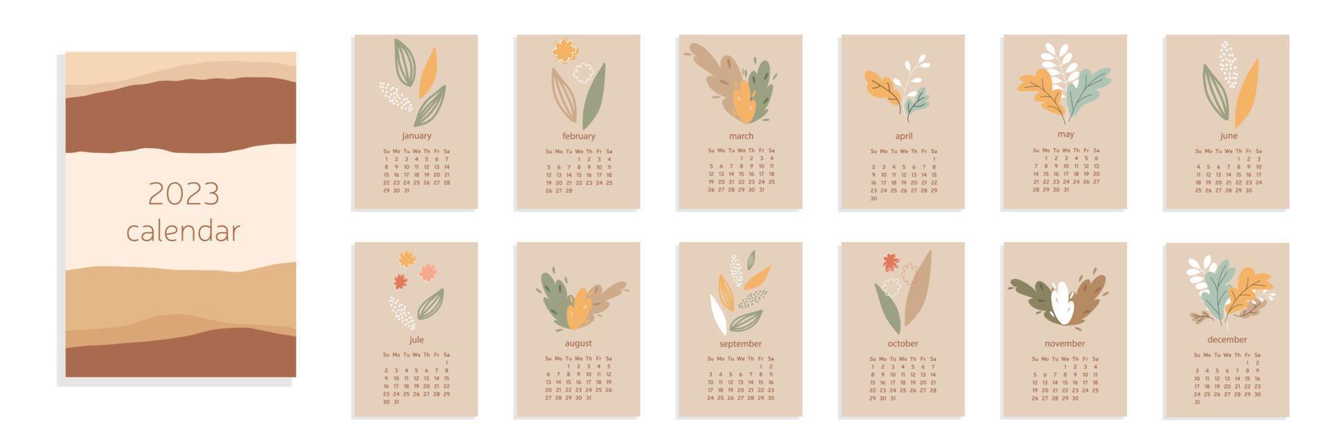 kalender 2023 a4 met abstract bladeren en bloemen Aan pastel achtergrond. week begin van zondag. vector illustratie