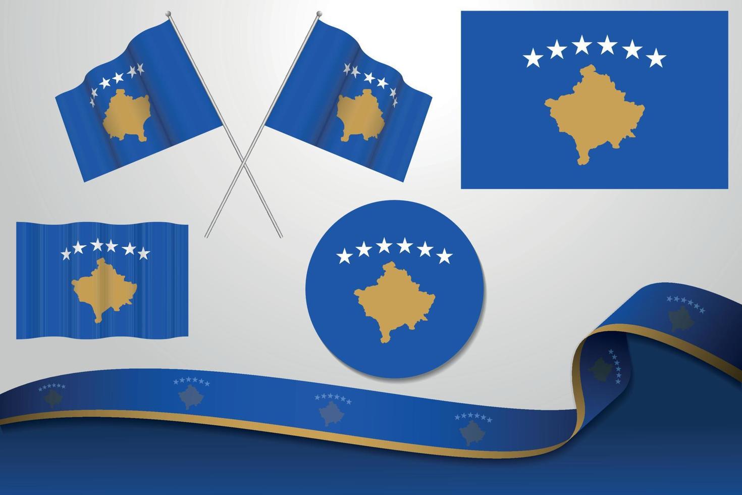 reeks van Kosovo vlaggen in verschillend ontwerpen, icoon, flaying vlaggen en lint met achtergrond. vector