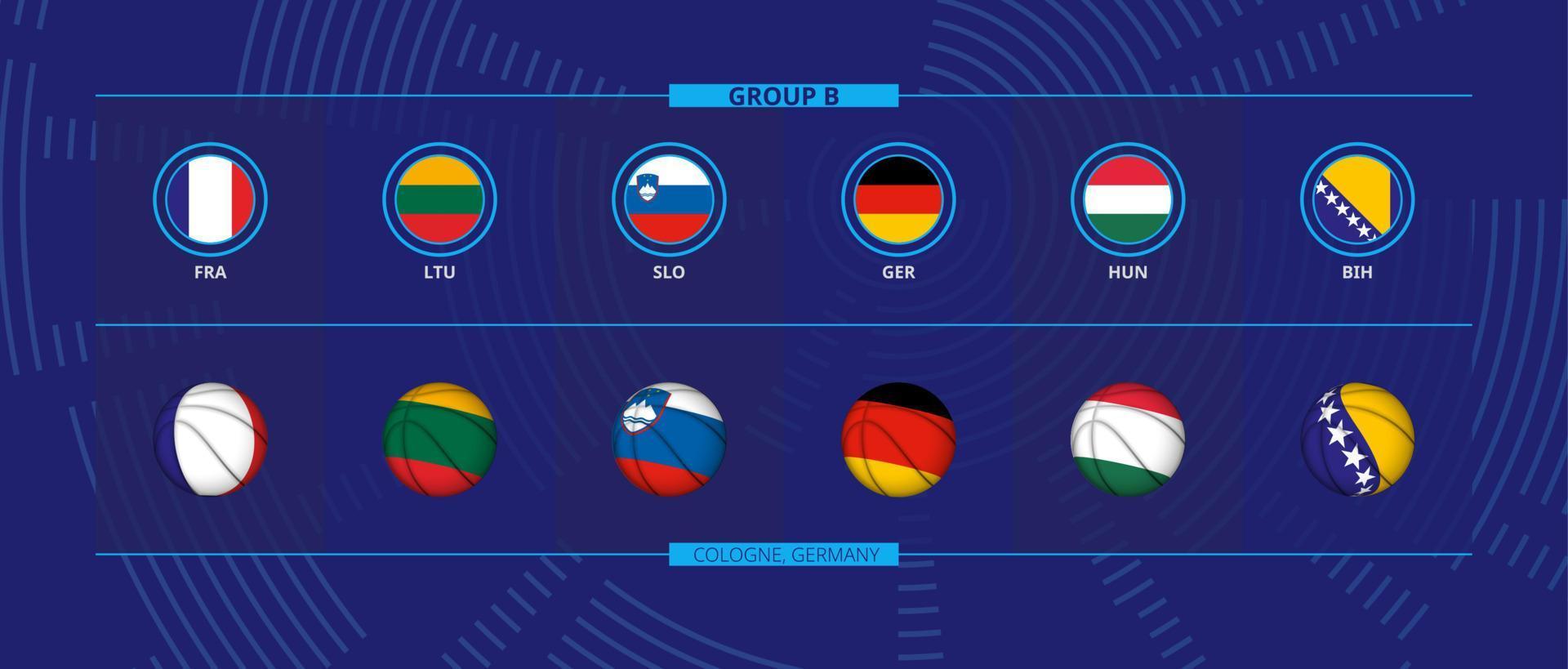 icoon en basketbal bal met vlaggen van deelnemers van groep b, Europese basketbal wedstrijd. vector
