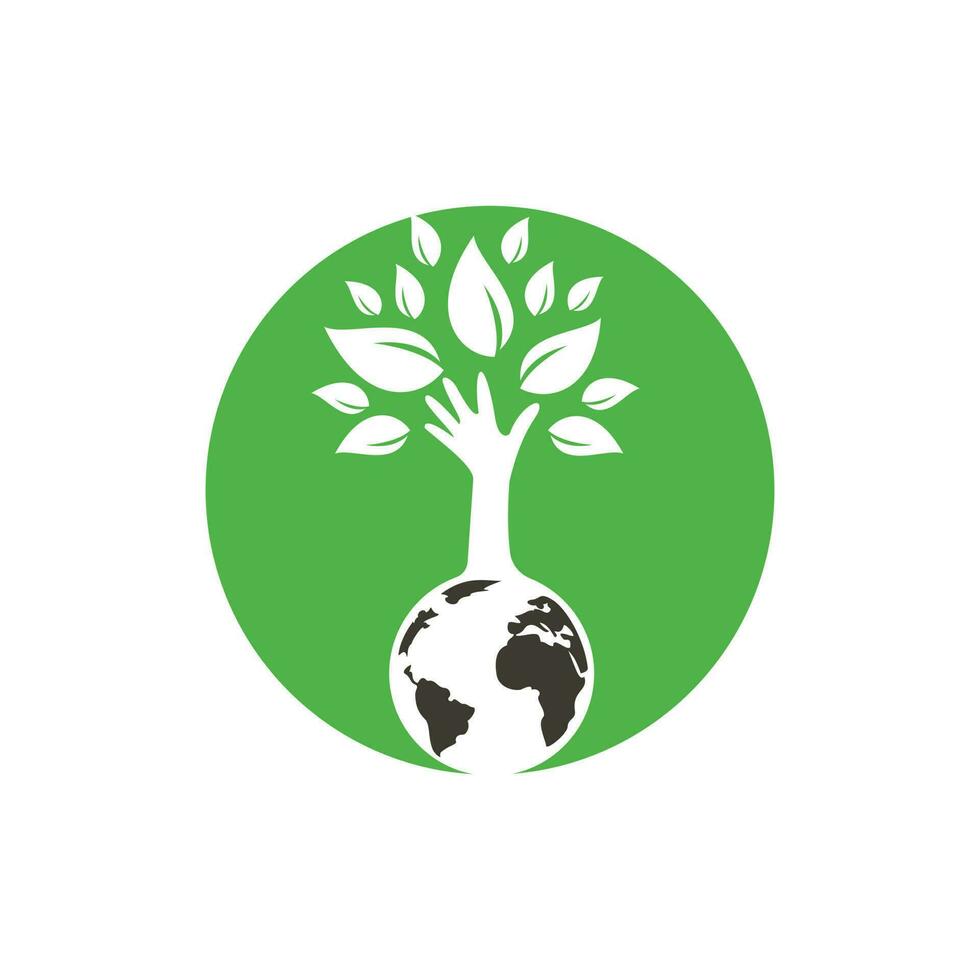 wereldbol en hand- boom vector logo ontwerp. ecologie en duurzame concept.