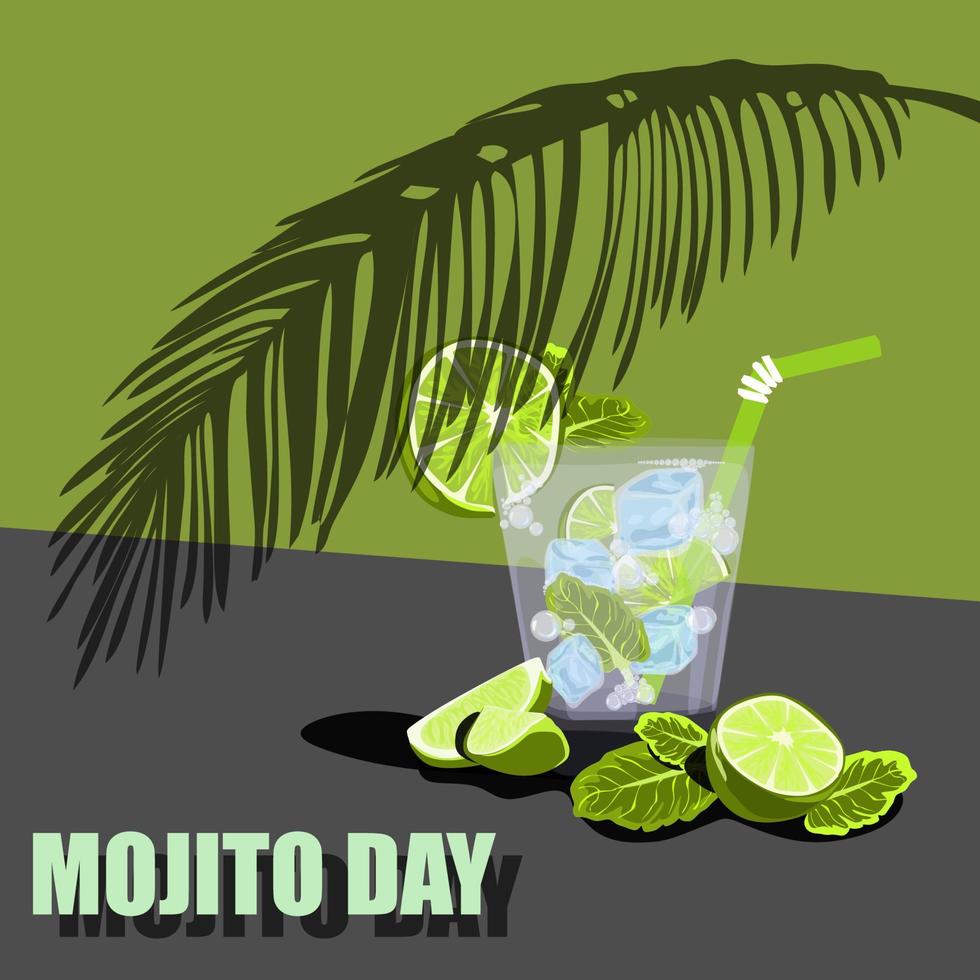 nationaal mojito dag juli11 poster. glas van mojito met limoen, munt, ijs vector ontwerp.