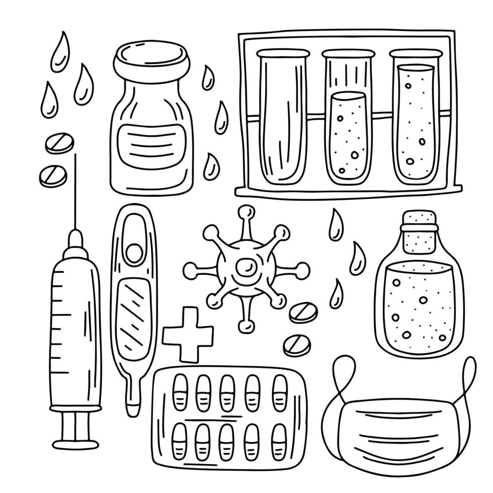 aanbiddelijk verzameling van geneeskunde tekening elementen. vaccin, injectiespuit , pillen, masker, thermometer vector illustratie.