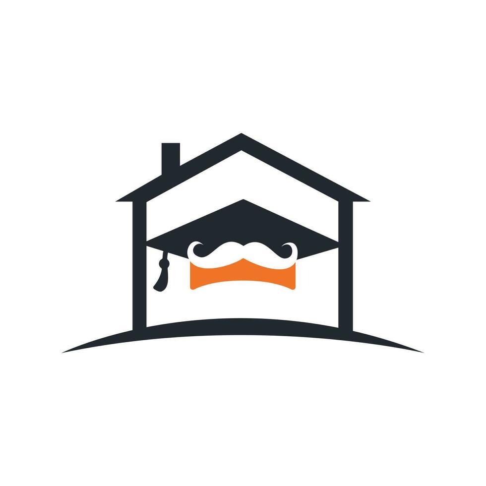 sterk onderwijs logo ontwerp sjabloon. hoed diploma uitreiking met snor en huis icoon ontwerp. vector