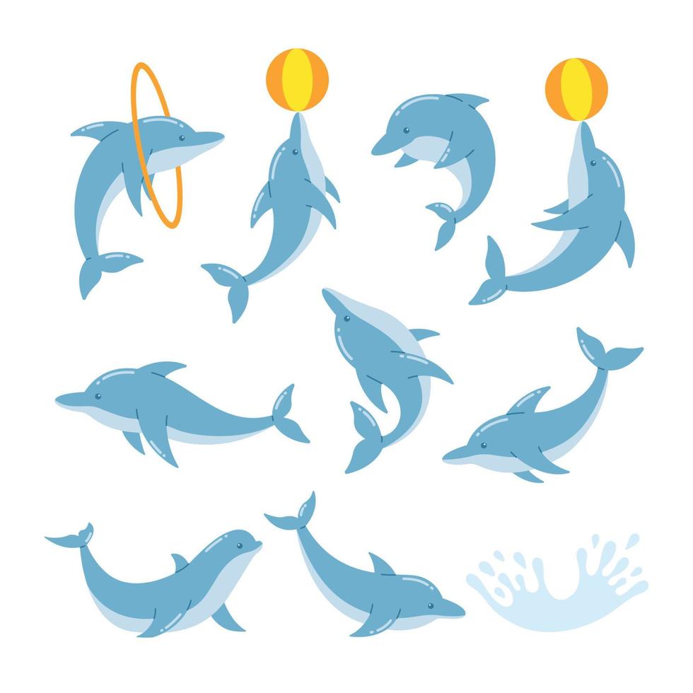 reeks van grappig dolfijnen springen en zwemmen vector illustratie