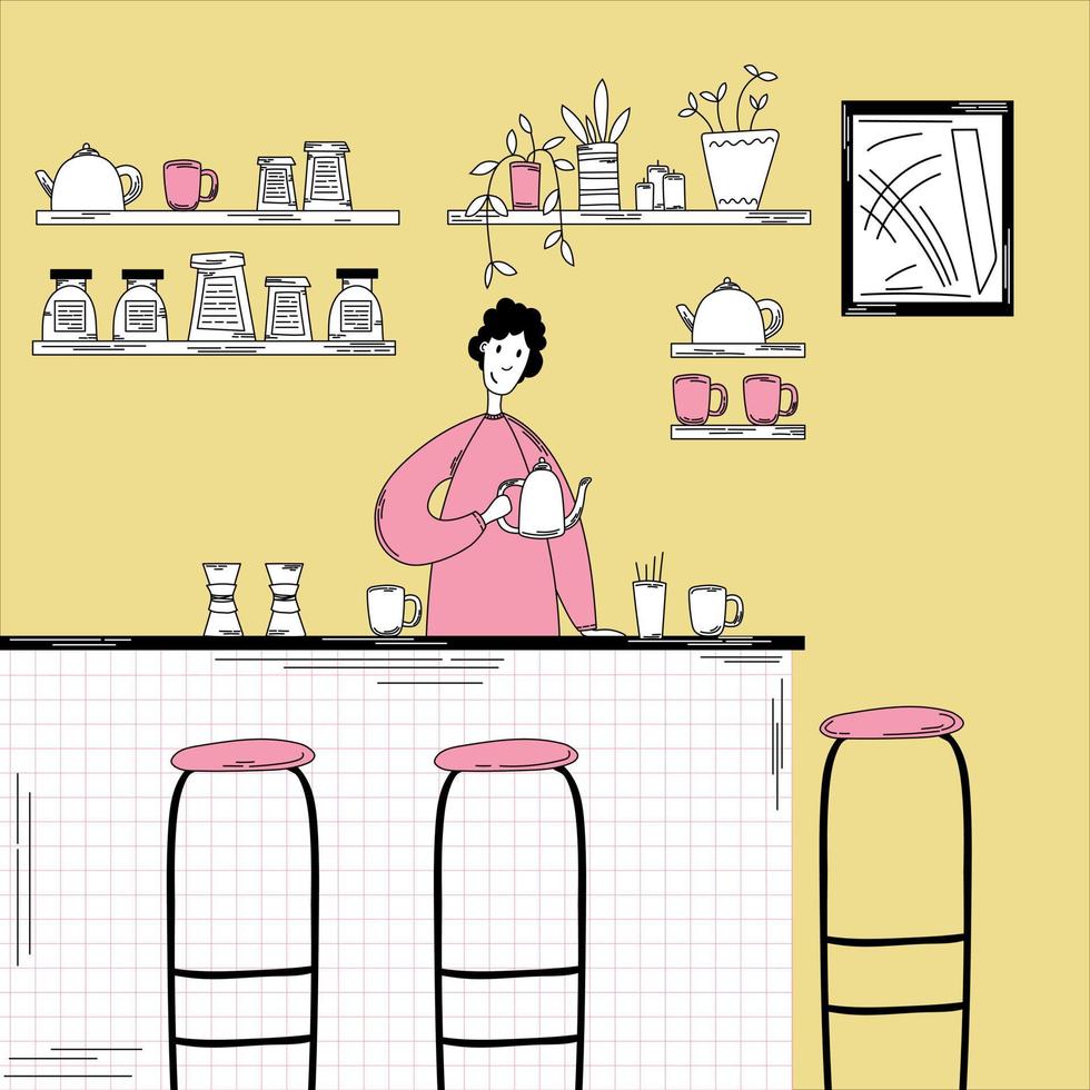 de Mens is Koken in de keuken. barista. keuken interieur koffie winkel interieur. vlak tekenfilm tekening vector