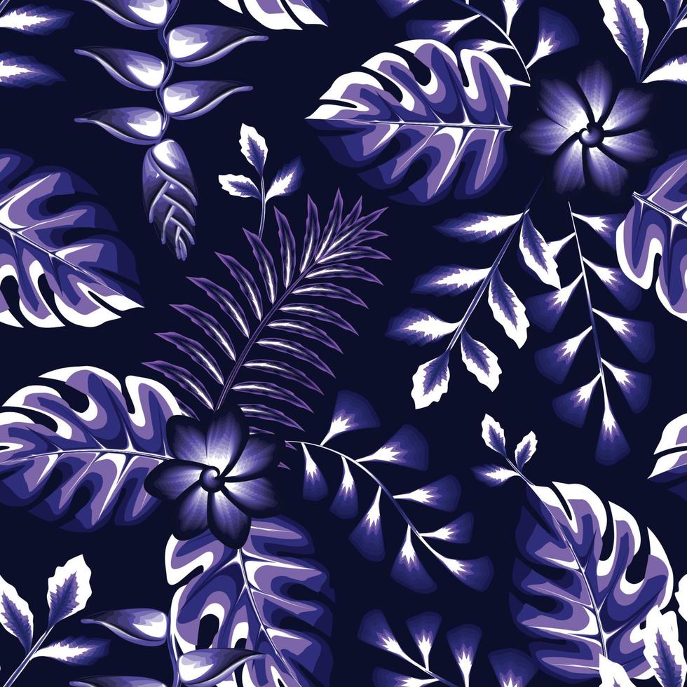 licht blauw kleur tropisch gebladerte naadloos patroon modieus ontwerp met mooi blauw heliconia bloem, monstera varen bladeren in monochromatisch stijl Aan nacht achtergrond. oerwoud behang. structuur vector