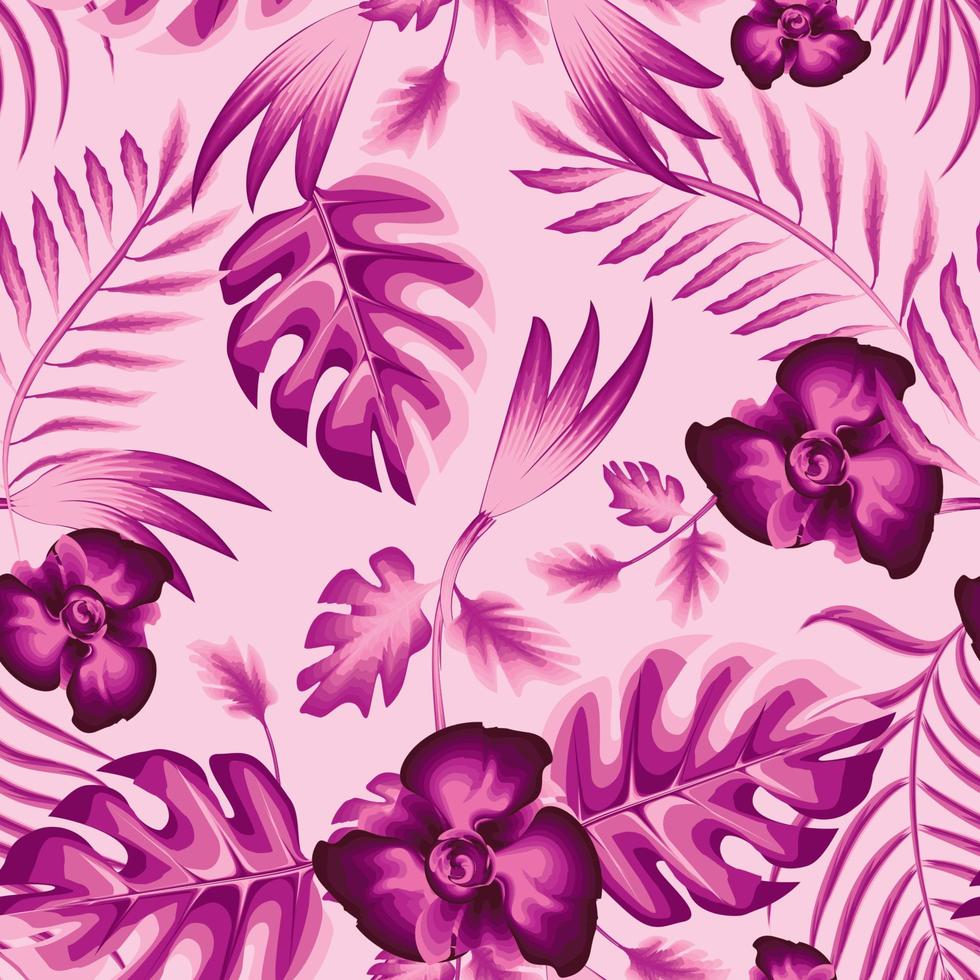 monochromatisch roze bloem en bladeren tropisch exotisch naadloos patroon kleurrijk kleding stof structuur afdrukken herhaald. exotisch monstera varen blad elementen, palm gebladerte en takken Aan licht achtergrond. zomer vector