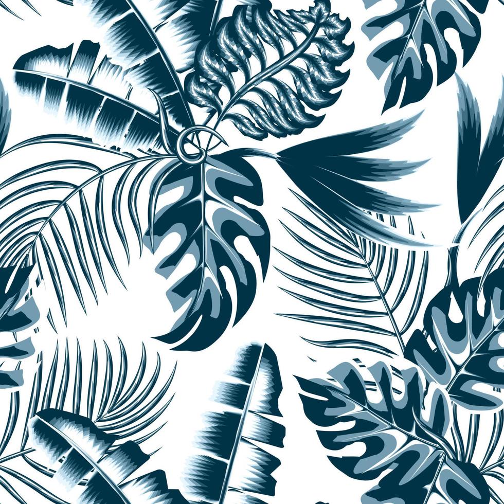 blauw monochromatisch regenwoud fabriek tekening. tropisch monstera palm bladeren in wijnoogst stijl. elegant naadloos botanisch patroon wit achtergrond. natuur ornament voor textiel, behang, oppervlakte ontwerp vector