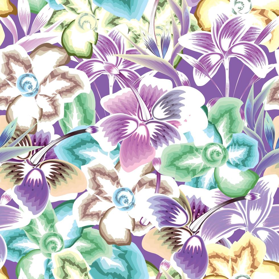 kleurrijk abstract vector ontwerp naadloos bloemen patroon Aan Purper achtergrond. afdrukken textuur. bloemen decoratie voor het drukken Aan behang, papier, textiel, kleding stof. hand- tekening schetsen. herfst. voorjaar